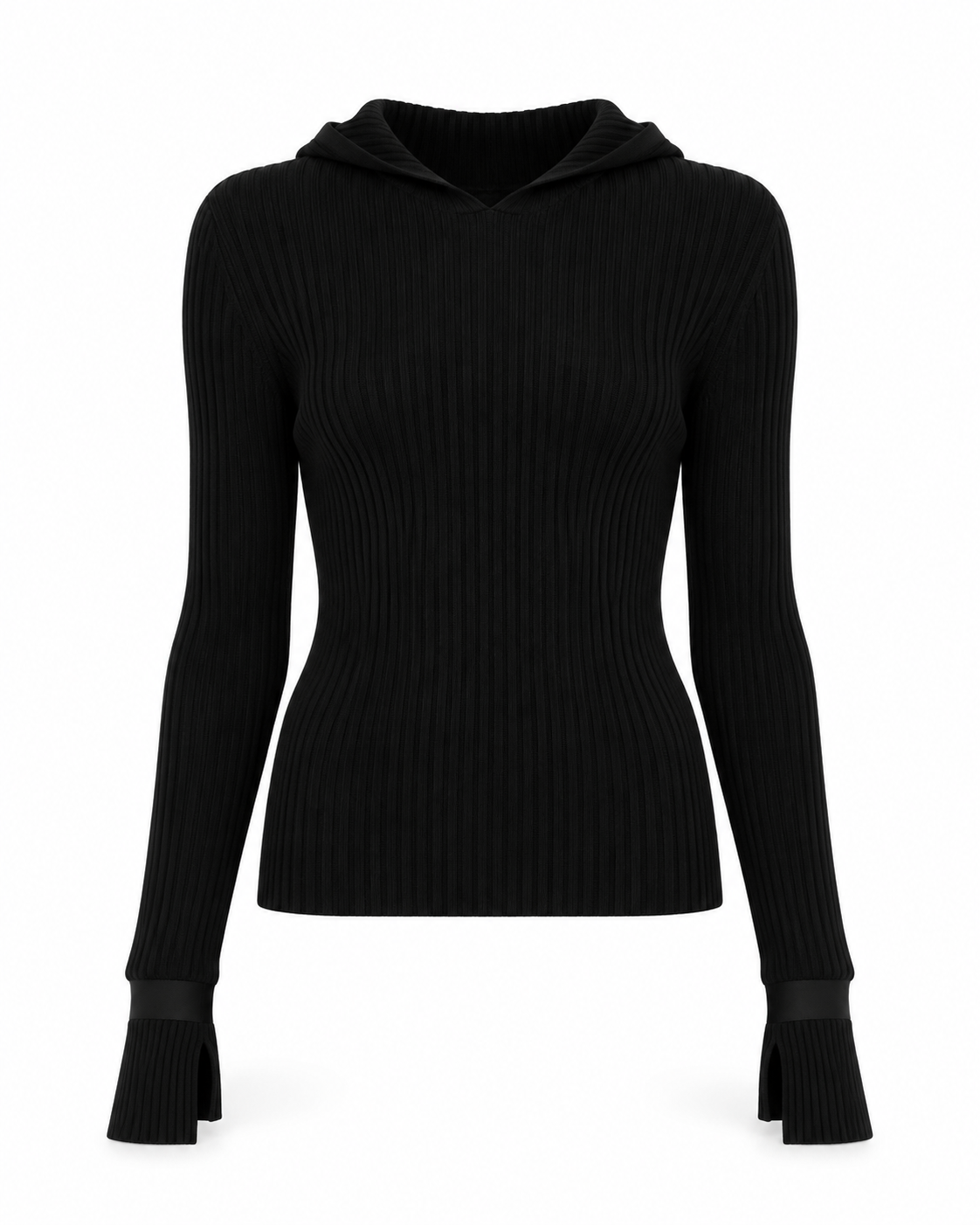 Black ribbed turtleneck sweater by Chanel, close-up of the fitted knit top with high neckline and textured fabric.
