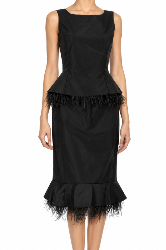 Black silk cocktail dress with ostrich feather trim from Oscar De La Renta, featuring elegant design and sophisticated style.