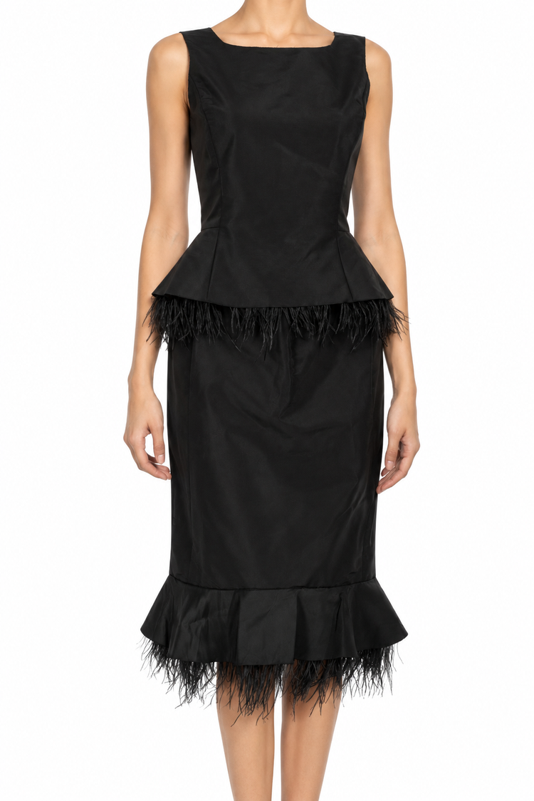 Black silk cocktail dress with ostrich feather trim from Oscar De La Renta, featuring elegant design and sophisticated style.