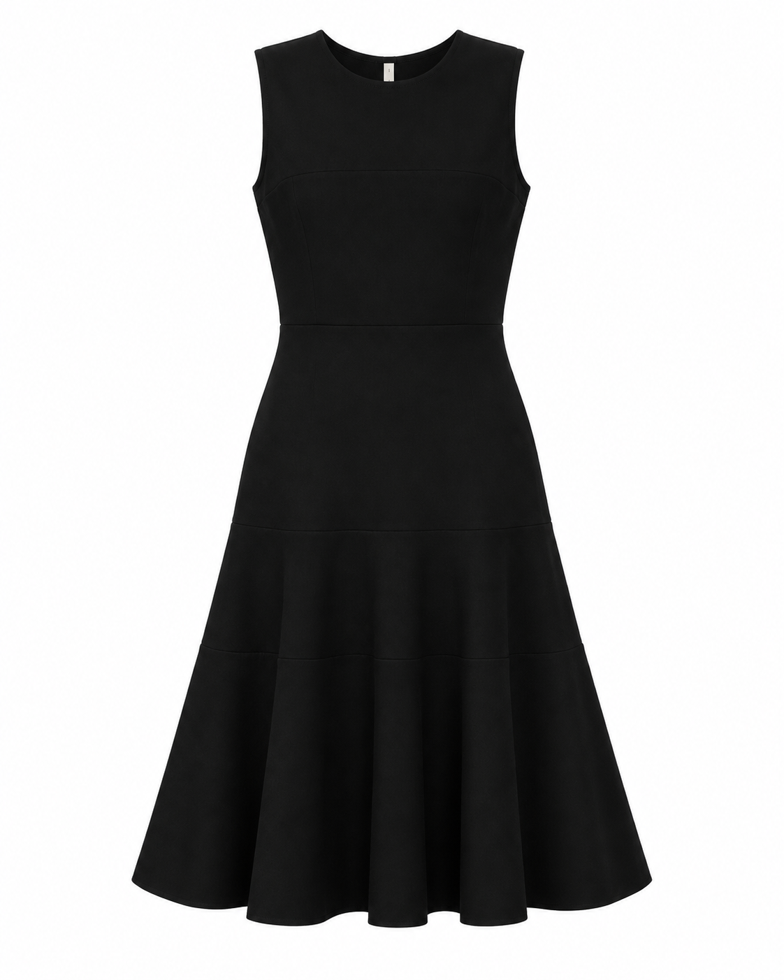Black sleeveless wool dress by Prada, showcasing a stylish and elegant design with clean lines and a fitted silhouette.