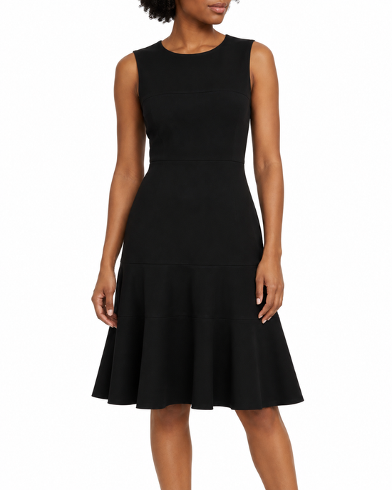 Black sleeveless wool dress by Prada, showcasing a stylish and elegant design with clean lines and a fitted silhouette.
