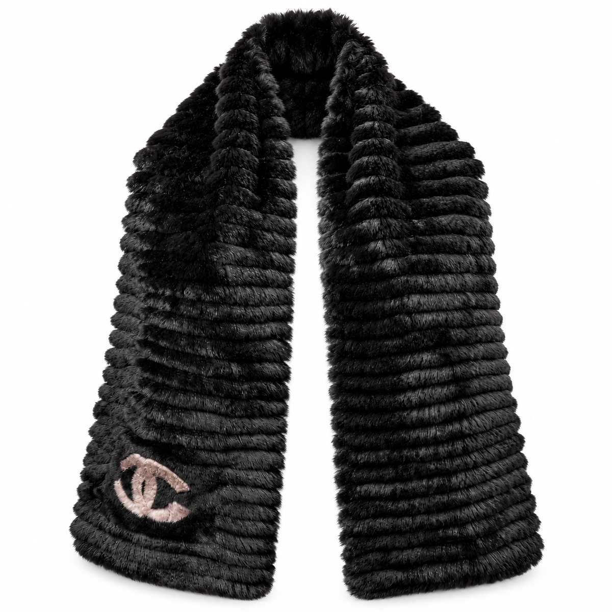 Black Wool and Orylag Shawl scarf by Chanel, featuring soft wool and luxurious Orylag fur, draped elegantly.