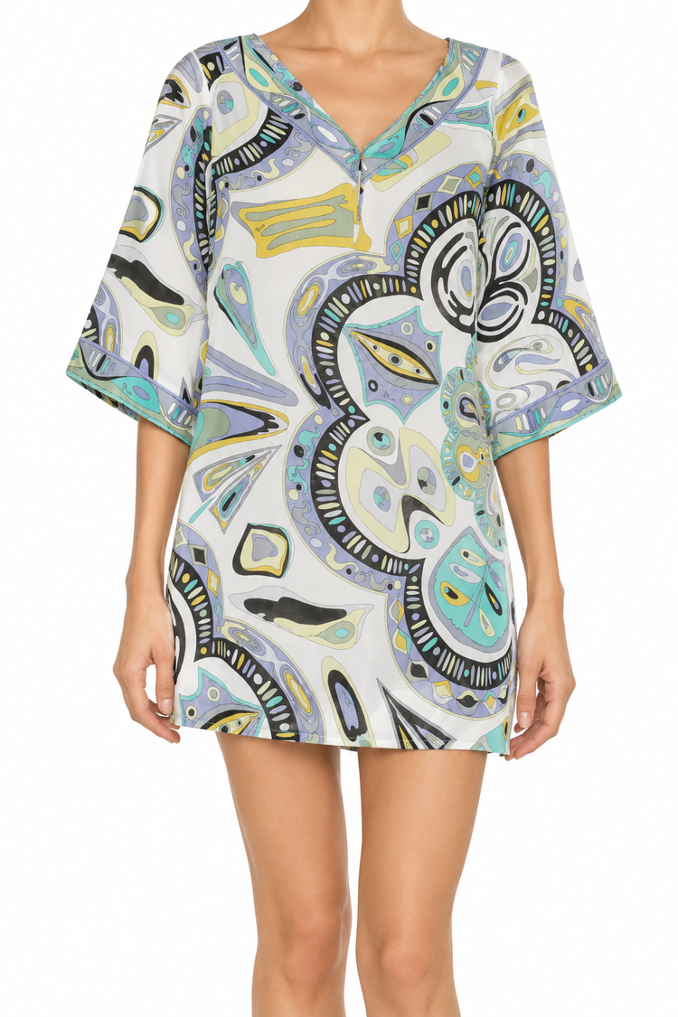 Blue Emilio Pucci abstract print dress with a flowing tunic style, front view showcasing vibrant pattern and elegant design.