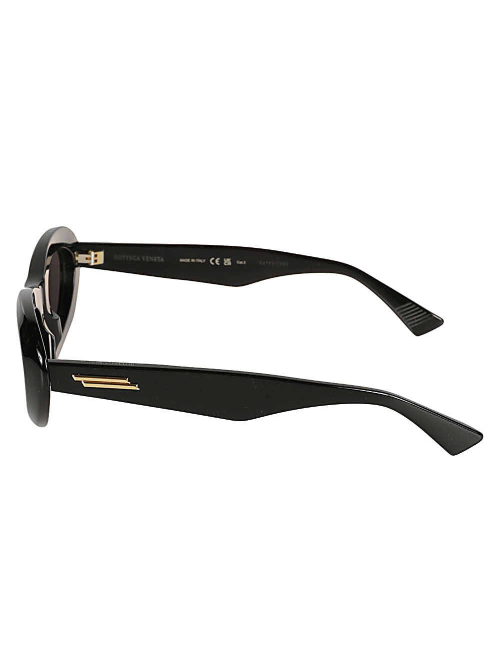 Black almond-shaped sunglasses by Bottega Veneta with sleek frames and tinted lenses.