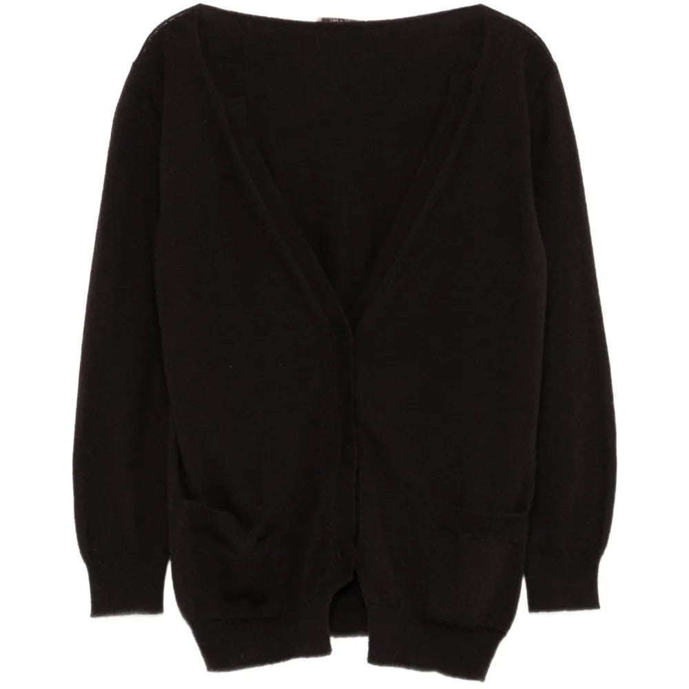 Bottega Veneta brown lightweight V-neck cardigan, soft knit top with long sleeves and ribbed cuffs, casual versatile style.