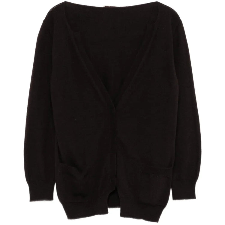 Bottega Veneta brown lightweight V-neck cardigan, soft knit top with long sleeves and ribbed cuffs, casual versatile style.