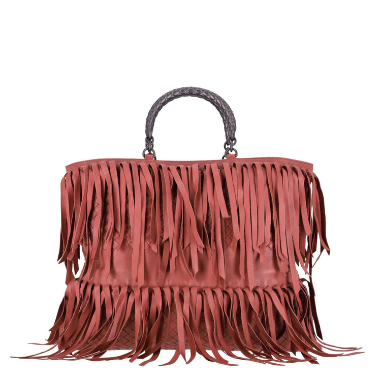 Bottega Veneta Fringe Intrecciato Leather Tote in terracotta leather with signature woven detailing, layered fringe, braided top handles and dark-tone hardware.