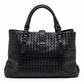 Bottega Veneta Intrecciato Roma Tote Bag in black woven leather with dual top handles, central metal lock fastening and hanging key clochette.
