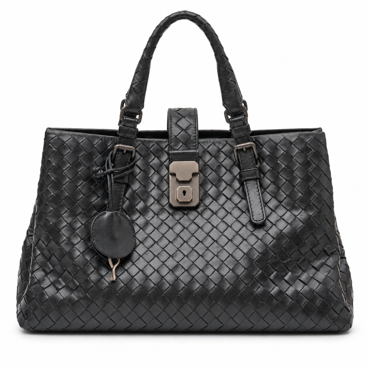 Bottega Veneta Intrecciato Roma Tote Bag in black woven leather with dual top handles, central metal lock fastening and hanging key clochette.