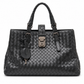 Bottega Veneta Intrecciato Roma Tote Bag in black woven leather with dual top handles, central metal lock fastening and hanging key clochette.