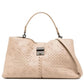 Bottega Veneta Intrecciato Roma Tote in beige leather with woven detailing, top handle, detachable shoulder strap and metal clasp fastening.