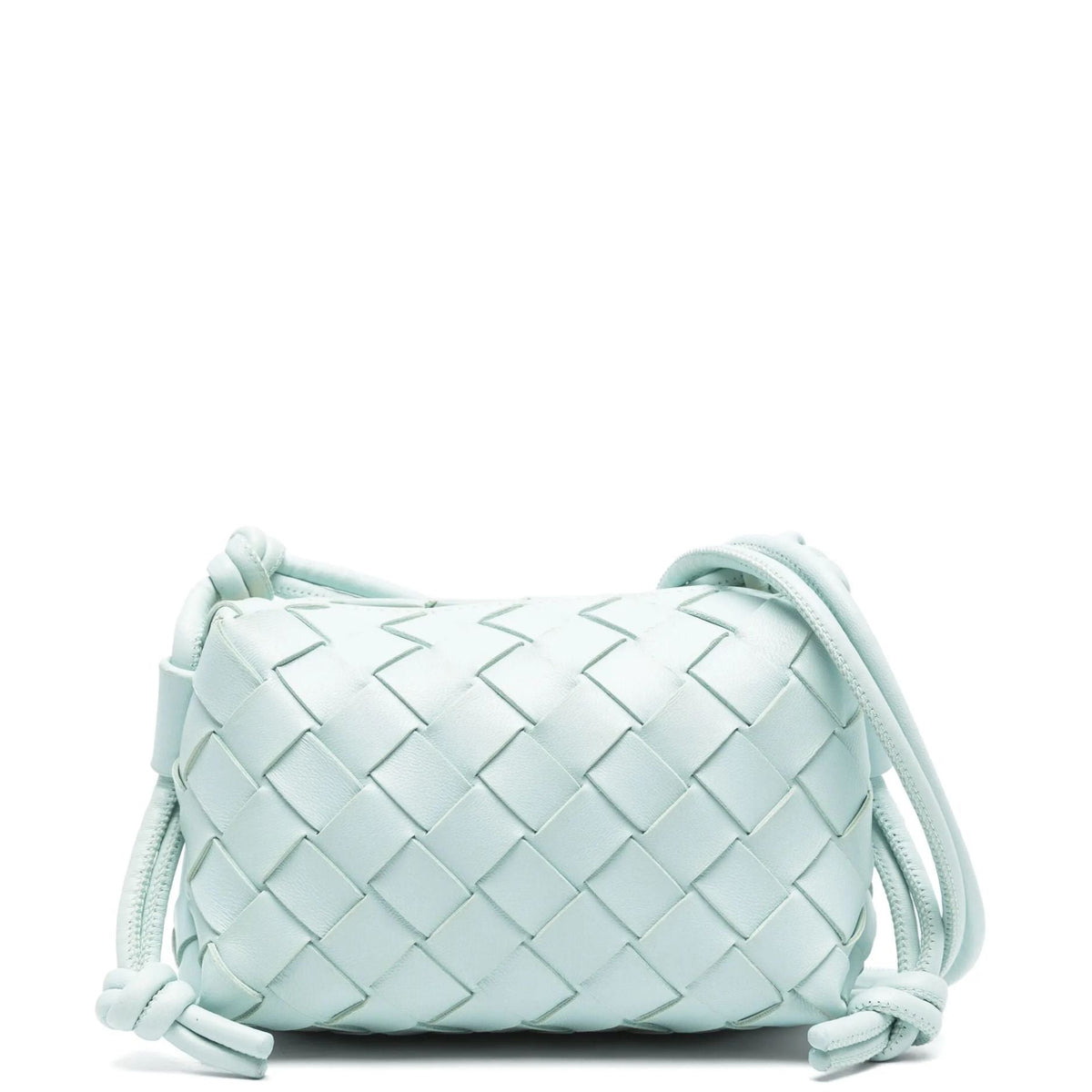 Bottega Veneta Mini Loop Intrecciato Candy Camera Bag in pale mint leather with signature woven construction, zip-top closure and knotted shoulder strap.
