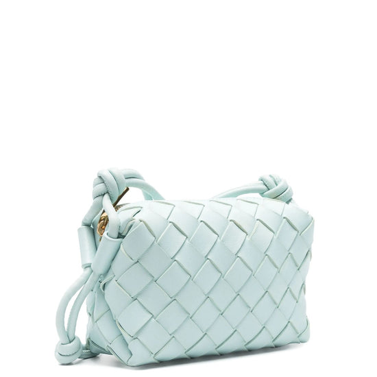 Bottega Veneta Mini Loop Intrecciato Candy Camera Bag in pale mint leather with signature woven construction, zip-top closure and knotted shoulder strap.