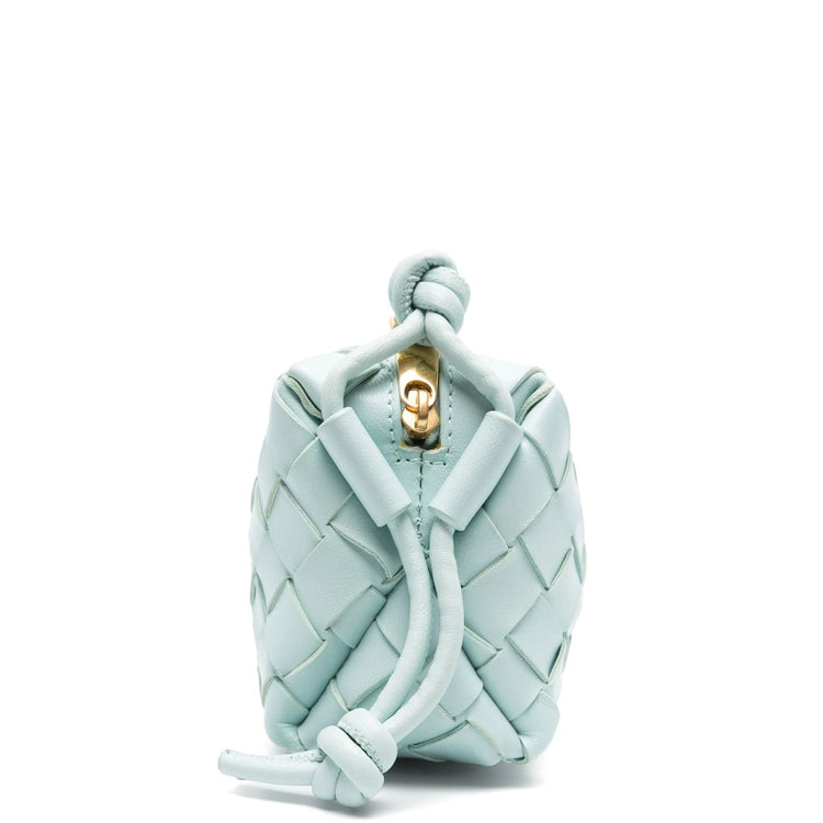 Bottega Veneta Mini Loop Intrecciato Candy Camera Bag in pale mint leather with signature woven construction, zip-top closure and knotted shoulder strap.
