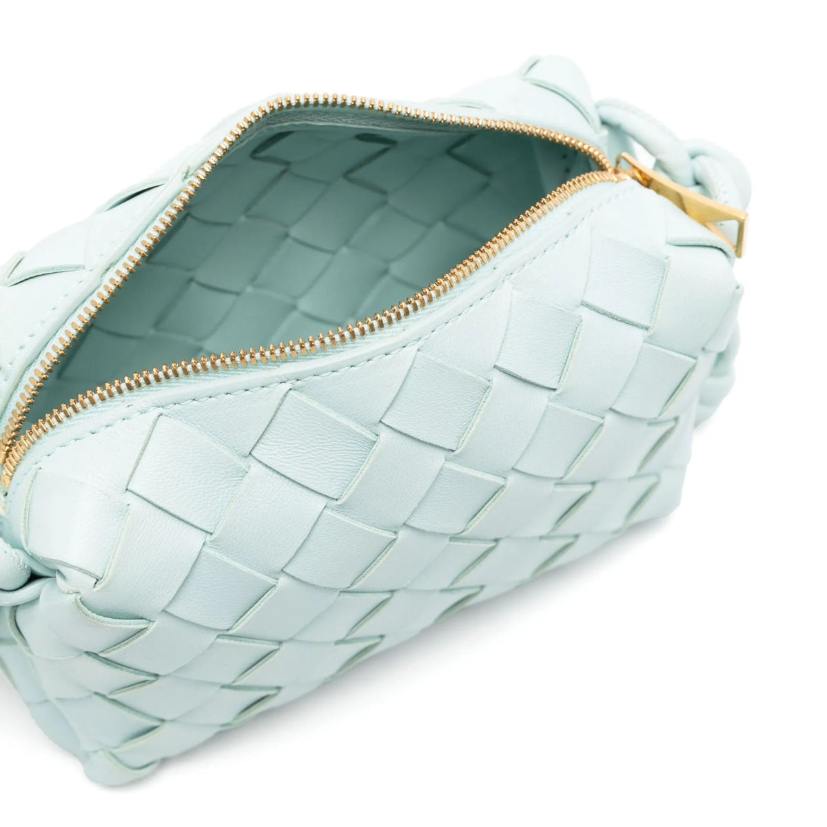 Bottega Veneta Mini Loop Intrecciato Candy Camera Bag in vibrant woven leather, crossbody style with adjustable strap.