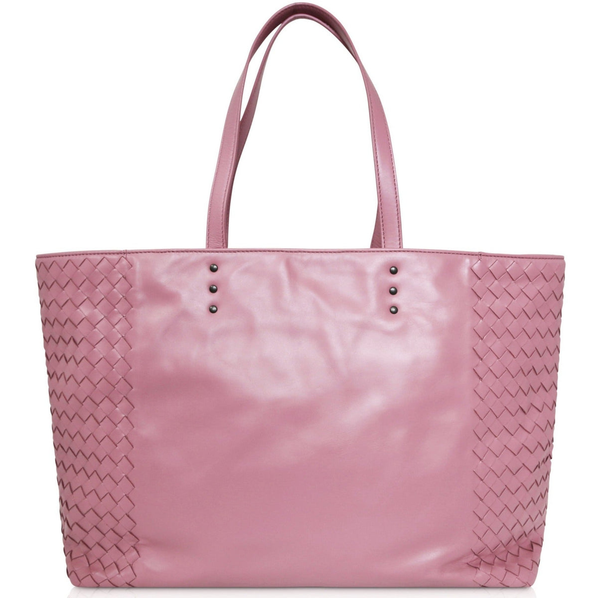 Bottega Veneta Pink Fourre-Tout Leather Handbag with smooth pink leather body, intrecciato woven side panels, long shoulder straps and dark-tone stud detailing.