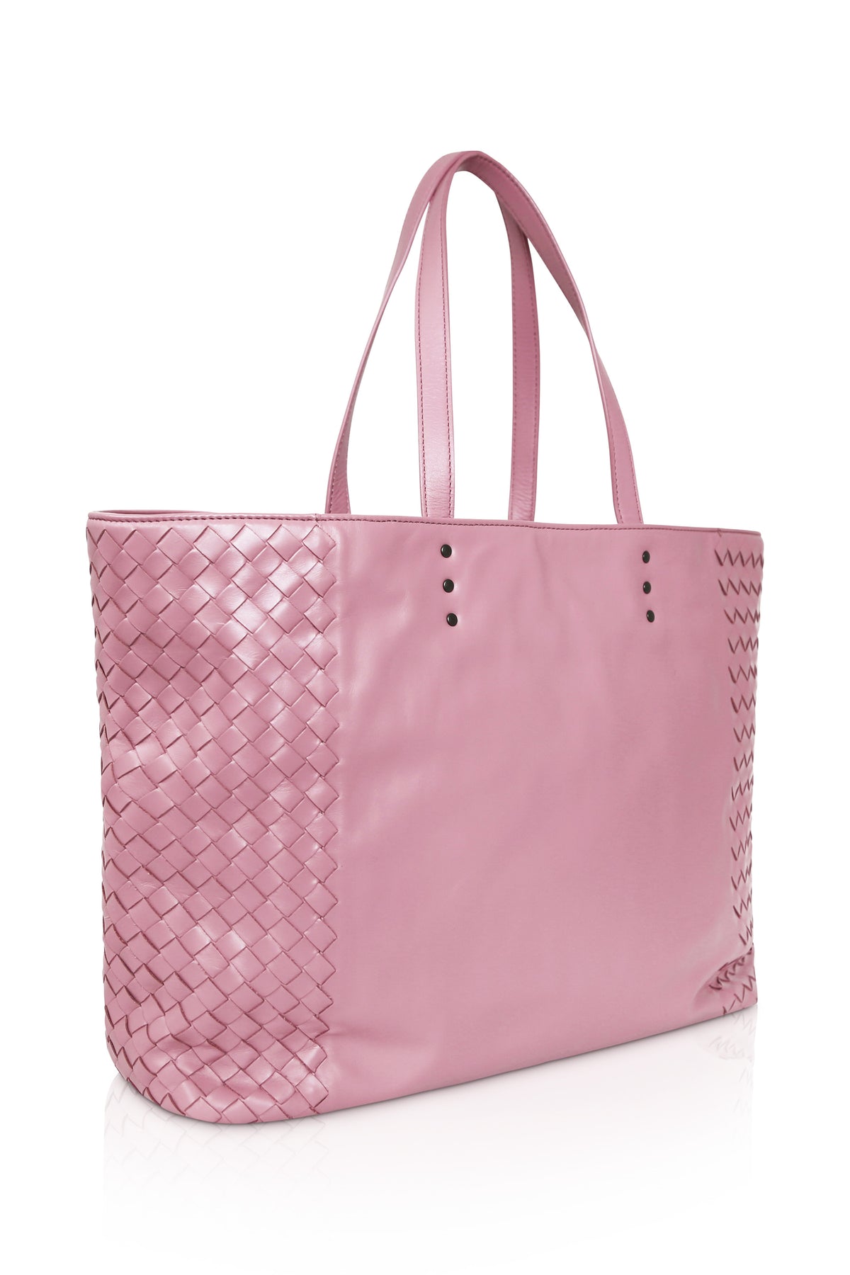 Bottega Veneta Pink Fourre-Tout Leather Handbag with smooth pink leather body, intrecciato woven side panels, long shoulder straps and dark-tone stud detailing.