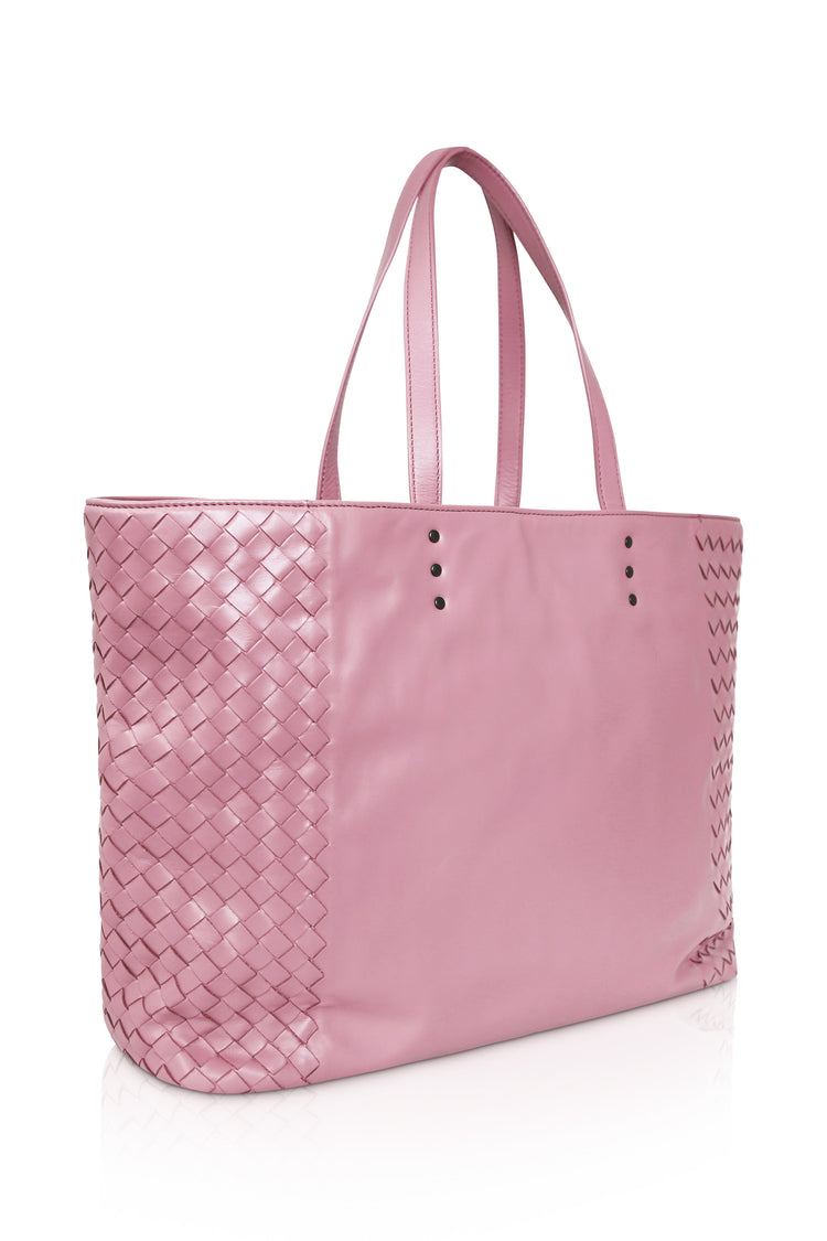 Bottega Veneta Pink Fourre-Tout Leather Handbag with smooth pink leather body, intrecciato woven side panels, long shoulder straps and dark-tone stud detailing.