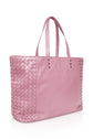Bottega Veneta Pink Fourre-Tout Leather Handbag with smooth pink leather body, intrecciato woven side panels, long shoulder straps and dark-tone stud detailing.