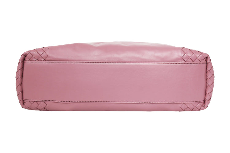 Bottega Veneta Pink Fourre-Tout Leather Handbag with smooth pink leather body, intrecciato woven side panels, long shoulder straps and dark-tone stud detailing.
