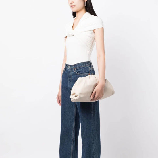 White Bottega Veneta leather clutch pouch with sleek design and subtle stitching details.