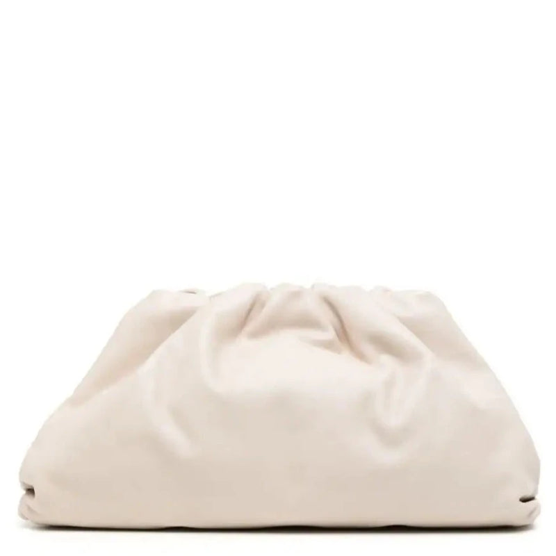 Bottega Veneta Pouch leather clutch in white with a soft gathered silhouette, folded top and structured base.