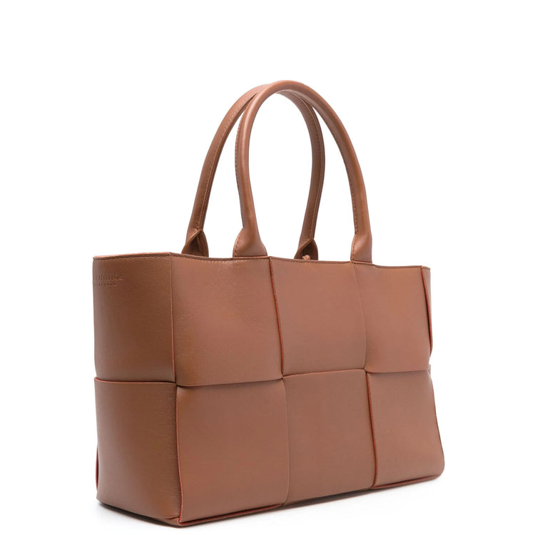 Bottega Veneta Small Arco Intrecciato Tote in camel leather with signature woven construction, structured silhouette and dual top handles.