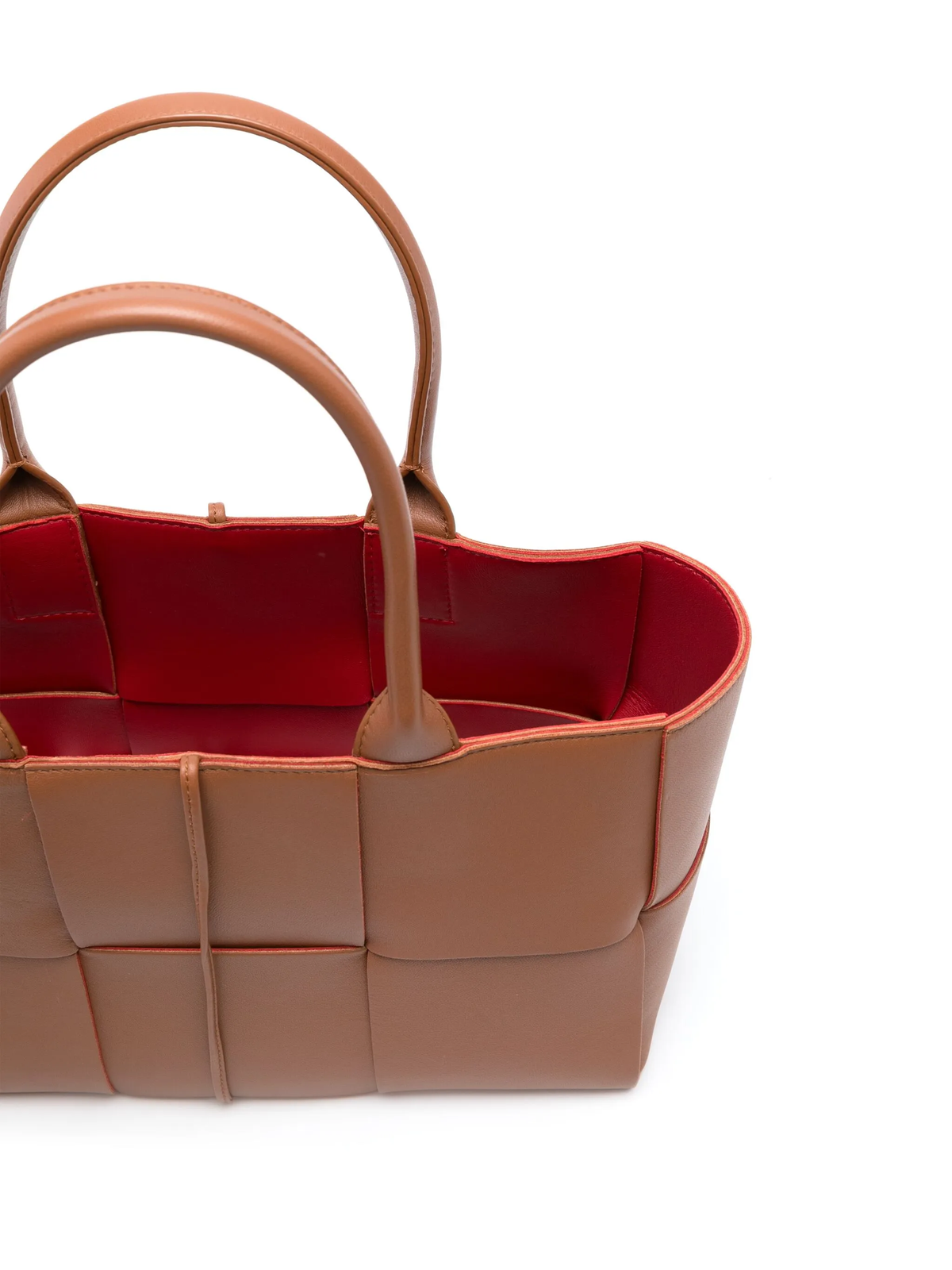 Bottega Veneta Small Arco Intrecciato Tote in camel leather with signature woven construction, structured silhouette and dual top handles.