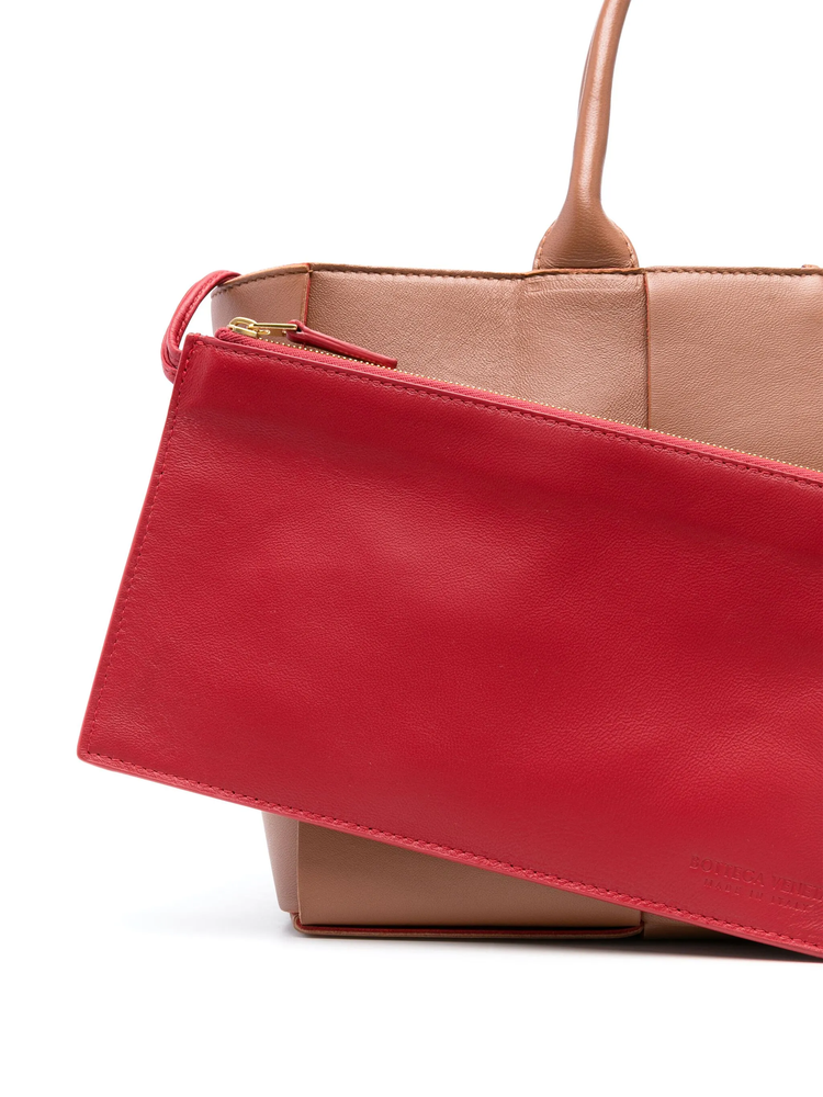 Bottega Veneta Small Arco Intrecciato Tote in camel leather with signature woven construction, structured silhouette and dual top handles.
