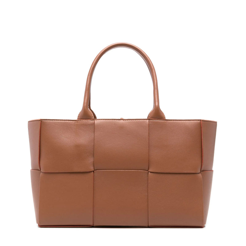 Bottega Veneta Small Arco Intrecciato Tote in camel leather with signature woven construction, structured silhouette and dual top handles.