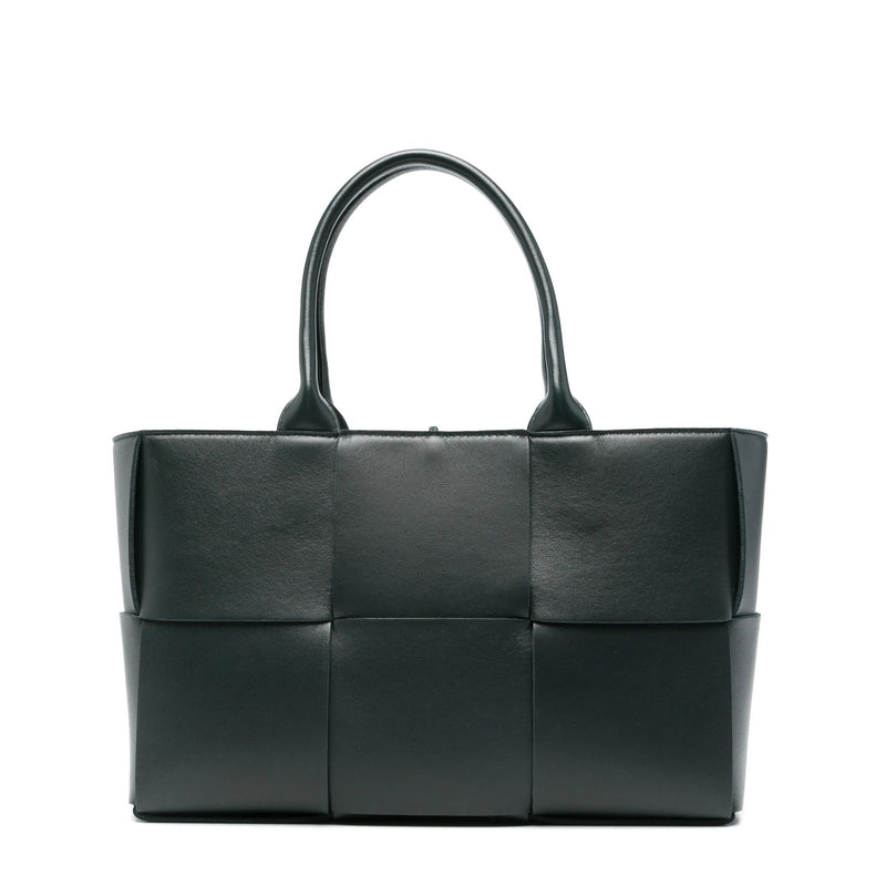 Bottega Veneta Small Arco Intrecciato Tote in inkwell leather with signature woven construction, structured silhouette and dual top handles.
