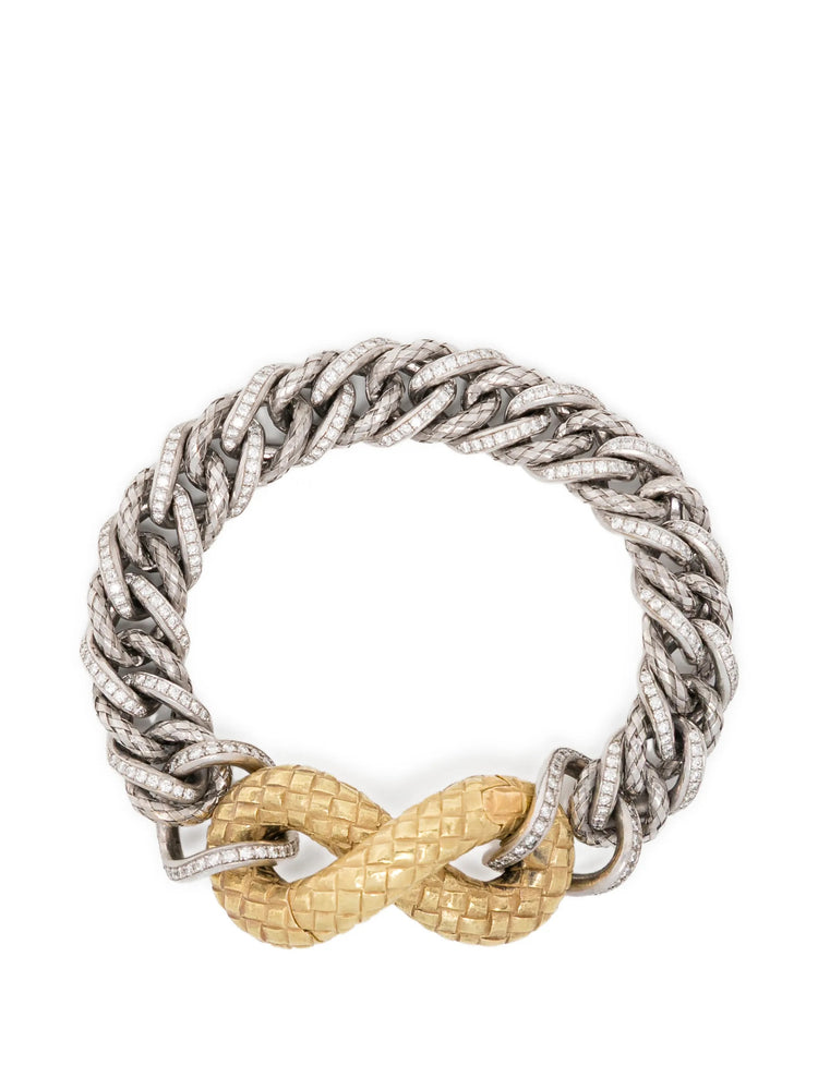 Bottega Veneta Two-Tone 18K Diamond Torcello Link Bracelet in white and yellow gold with textured chain links, pavé diamonds and oversized central gold link.