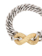 Bottega Veneta Two-Tone 18K Diamond Torcello Link Bracelet in white and yellow gold with textured chain links, pavé diamonds and oversized central gold link.