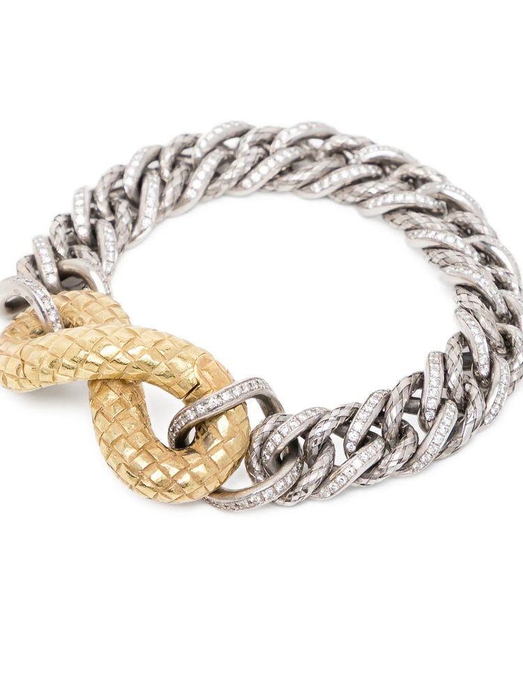Two-tone 18K diamond Torcello link bracelet by Bottega Veneta featuring elegant metalwork and sparkling diamond accents.