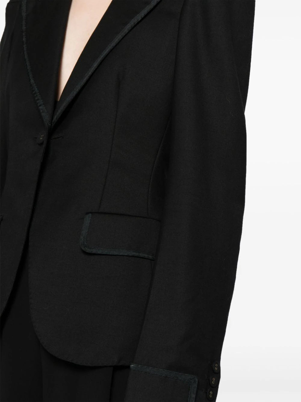 Bottega Veneta satin-trim single-breasted blazer featuring a tailored fit and sleek lapel design, displayed on a hanger.