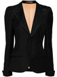 Bottega Veneta black single-breasted blazer with satin-trimmed notched lapels, single-button fastening, long sleeves and front flap pockets.