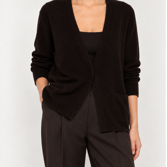 Bottega Veneta brown lightweight V-neck cardigan, soft knit top with long sleeves and a relaxed fit, casual elegant style.