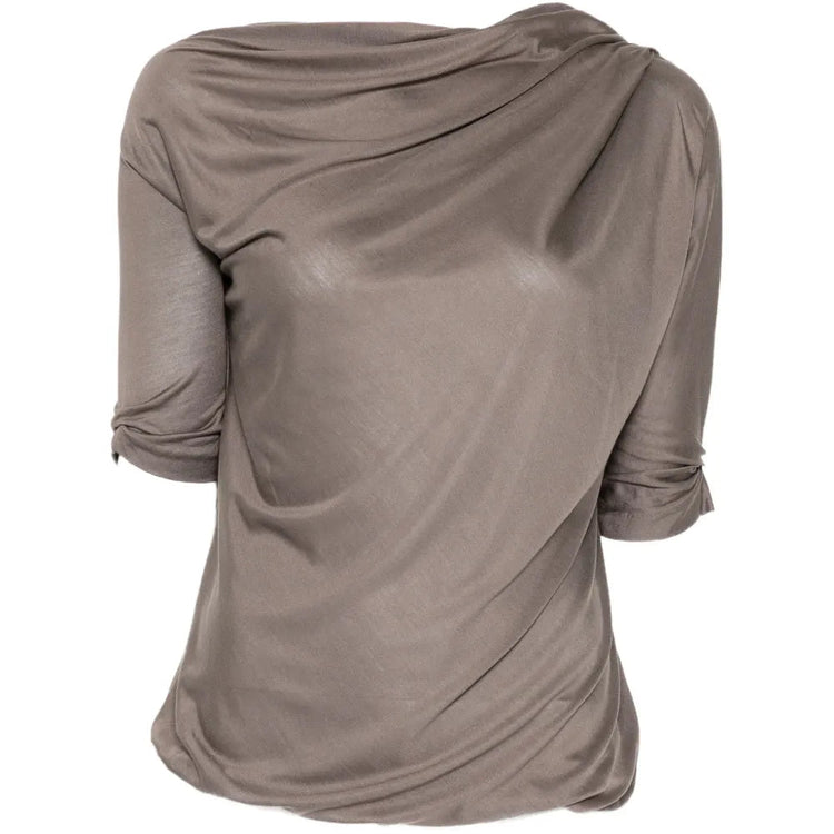 Bottega Veneta brown silk top featuring a sleek, elegant design with a smooth, shiny fabric and classic fit.
