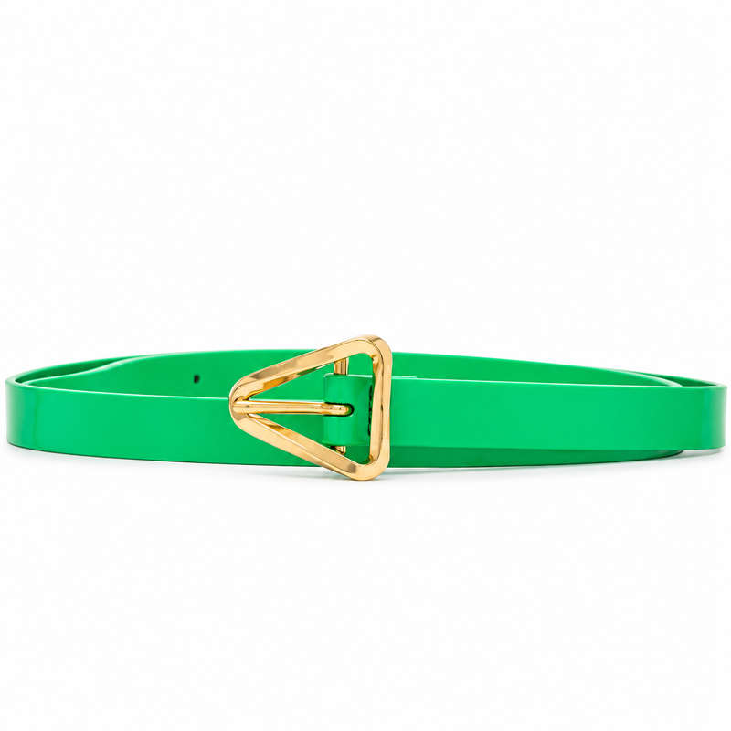 Bottega Veneta green leather belt with smooth glossy finish, adjustable strap and sculptural gold-tone triangle buckle.