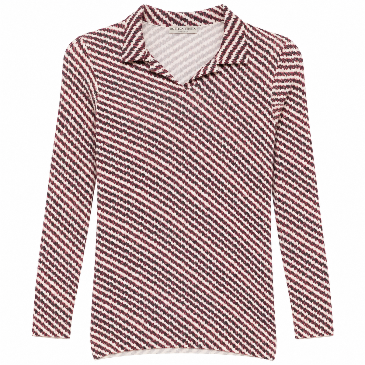 Bottega Veneta striped silk polo top featuring a classic collar, short sleeves, and vibrant horizontal stripe pattern.