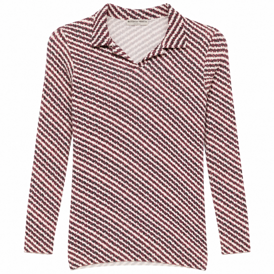 Bottega Veneta striped silk polo top featuring a classic collar, short sleeves, and vibrant horizontal stripe pattern.