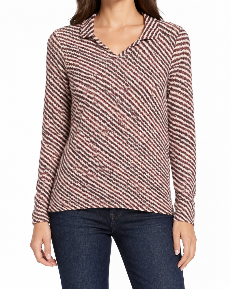 Bottega Veneta striped silk polo top with a classic collar and short sleeves, featuring bold horizontal stripe patterns.