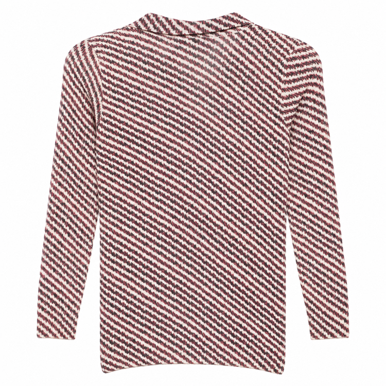 Bottega Veneta striped silk polo top with a classic collar and short sleeves, featuring bold horizontal stripes and a smooth texture.