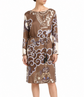 Brown abstract print dress by Emilio Pucci, showcasing a flowing design with vibrant pattern and elegant style.