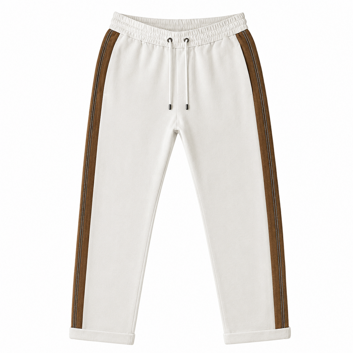 Brunello Cucinelli ivory jogger pants with elasticated drawstring waistband, brown side stripe panels, metallic trim detail, tapered leg, rolled cuffs, and relaxed tailored fit.