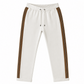 Brunello Cucinelli ivory jogger pants with elasticated drawstring waistband, brown side stripe panels, metallic trim detail, tapered leg, rolled cuffs, and relaxed tailored fit.