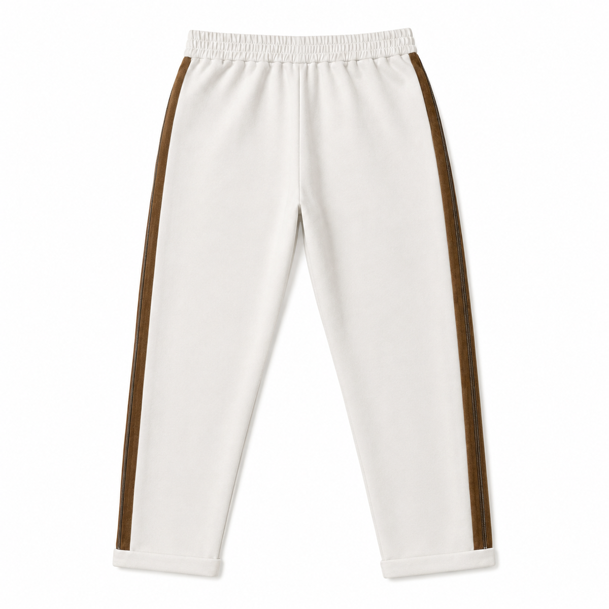 Brunello Cucinelli ivory jogger pants with elasticated drawstring waistband, brown side stripe panels, metallic trim detail, tapered leg, rolled cuffs, and relaxed tailored fit.