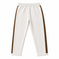 Brunello Cucinelli ivory jogger pants with elasticated drawstring waistband, brown side stripe panels, metallic trim detail, tapered leg, rolled cuffs, and relaxed tailored fit.