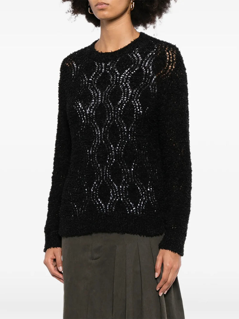 Black Brunello Cucinelli double layer jumper, close-up of stylish knit top with layered design and fine craftsmanship.