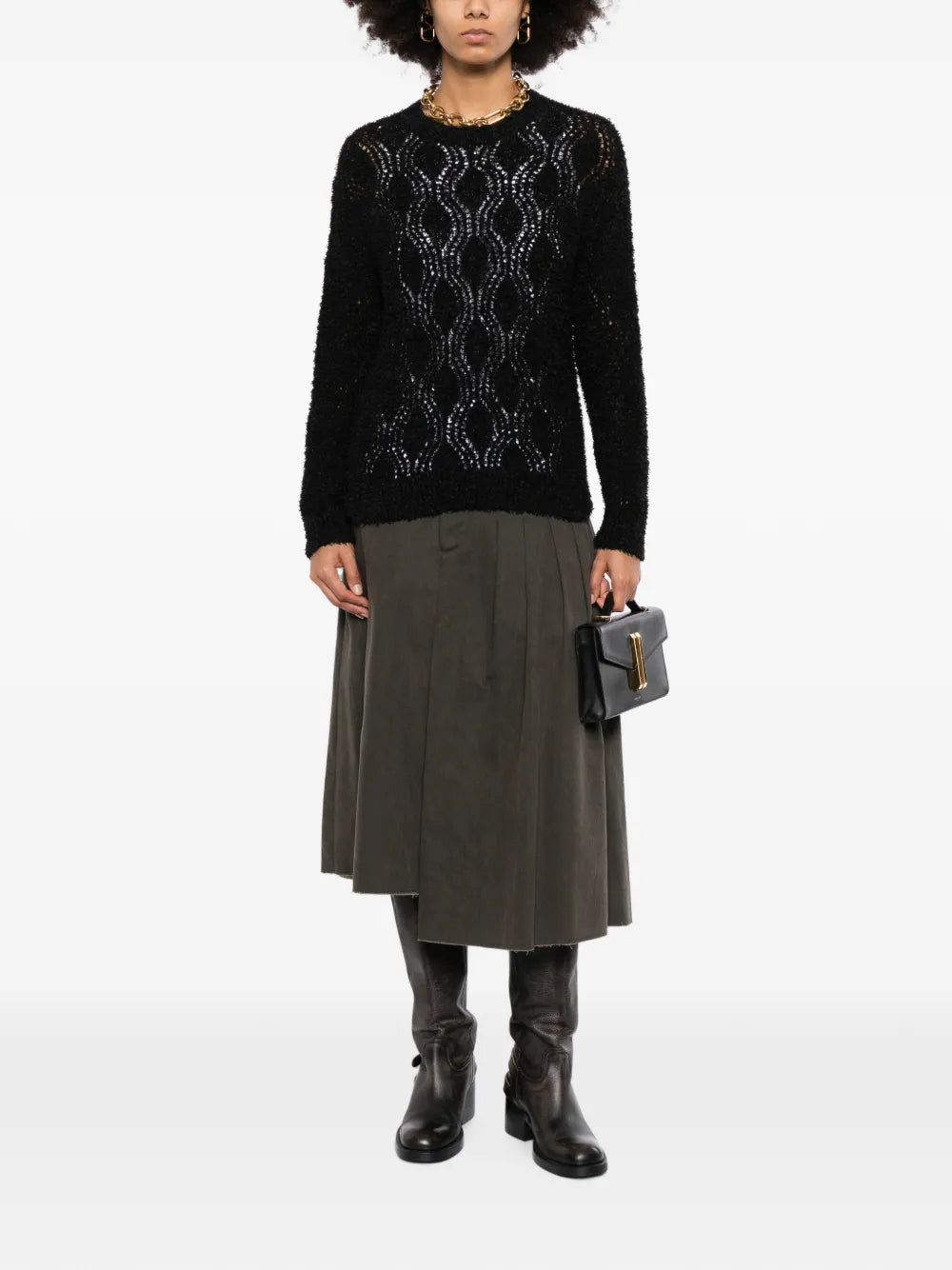 Black Brunello Cucinelli double layer jumper, front view, stylish knit tops with layered design and fine craftsmanship.